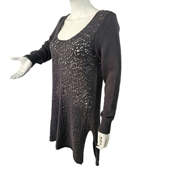 Heather B Open Knit Tunic Sweater Womens Sz L Long Slv Scoop Neck Slit Hem Gray - Picture 2 of 9